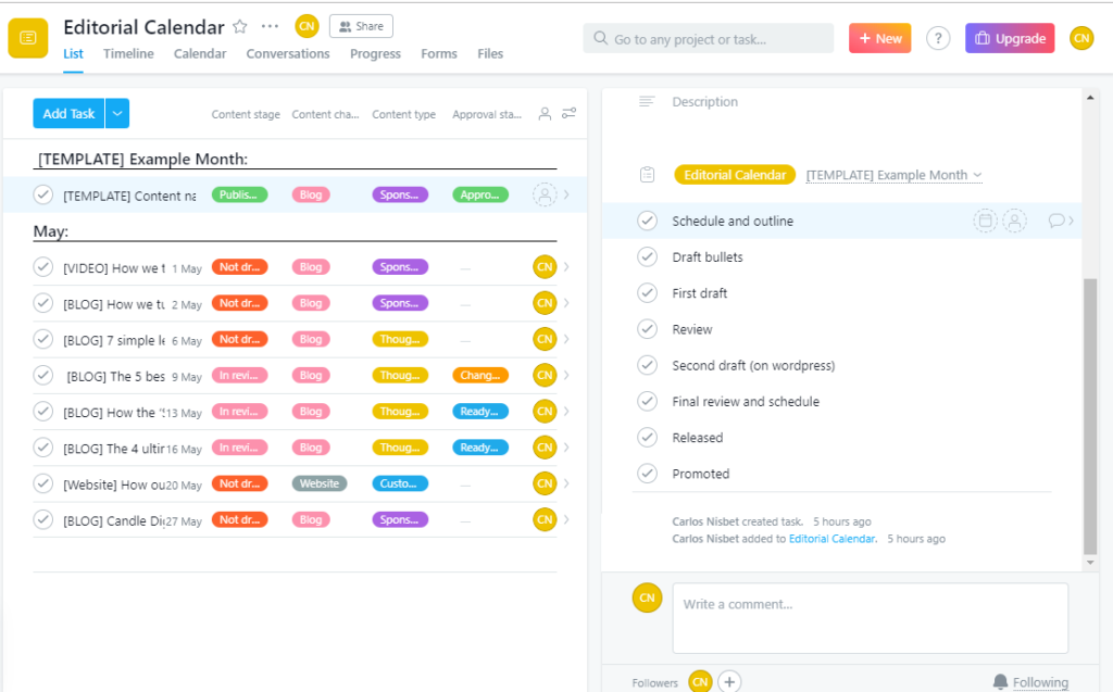 Screenshot of task management program: "slack"