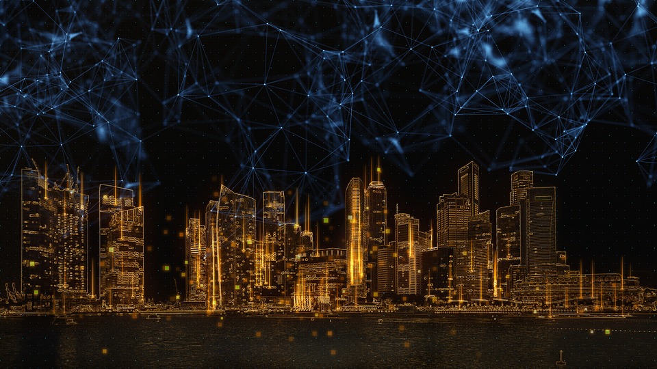 Ornage skyline of New York with digital netting above
